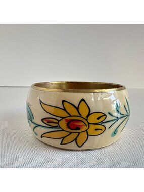 Enameled Brass Bangle With Colorful Floral Motif Chunky Wide Bracelet Size 7.5 V